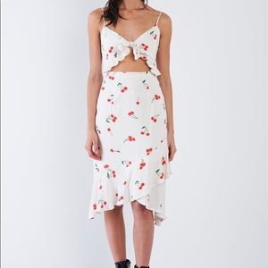 Cherry Print Front Cut Out Self-Tie Midi Dress